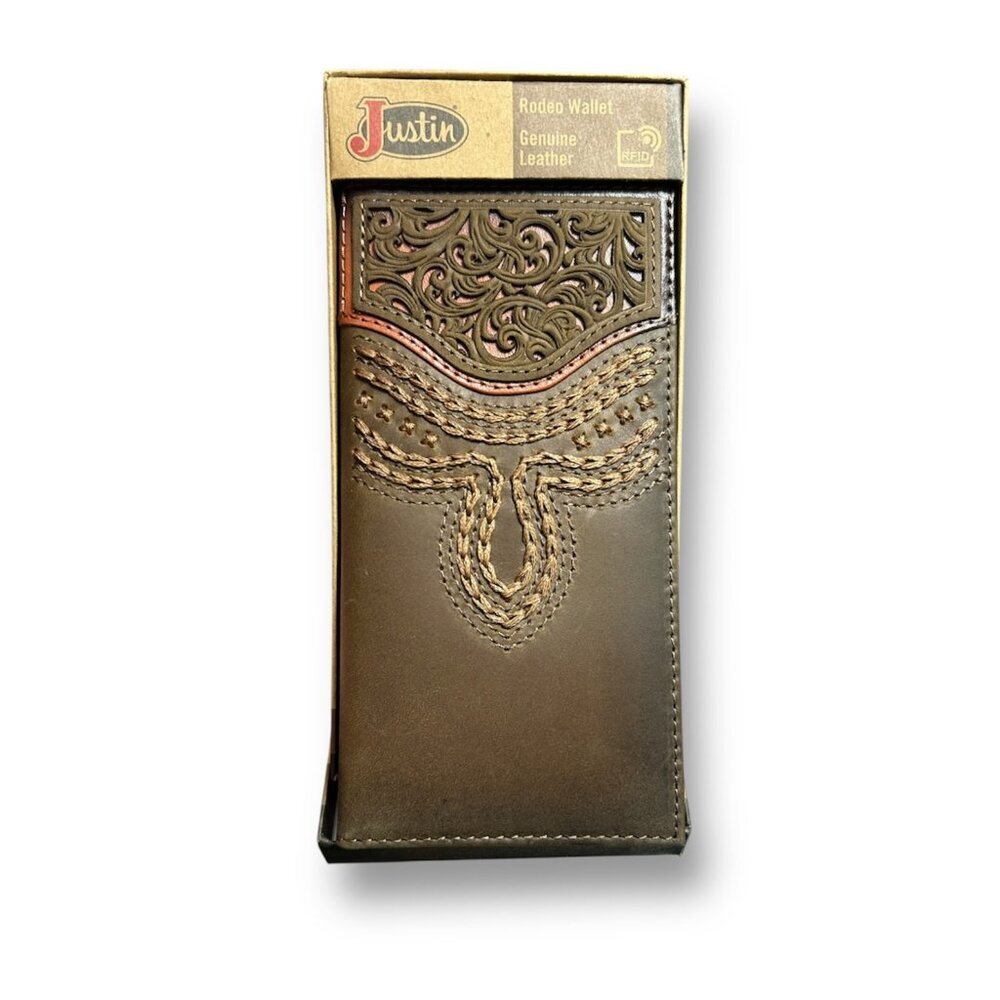 New Justin Brown Genuine Leather Rodeo Wallet RFID Long Bifold Tooled Western